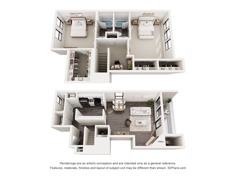 Floor plan for 2 beds, 2 baths, 1265 sqft
